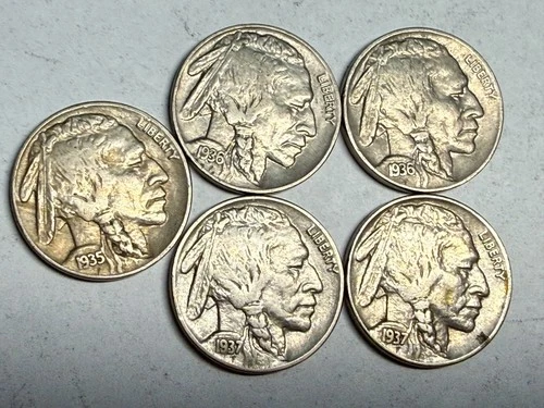 (Lot of 5) XF full horn Indian Head BUFFALO NICKELS. 1935, 2x 1936, 2x 1937. #q2