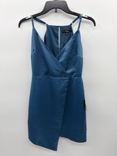LuLu's Womens Small What a Stunner Dark Teal Blue Satin Asymmetrical Mini Dress