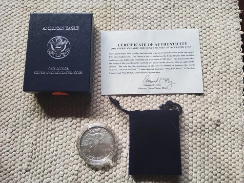 2006 Silver Uncirculated  American Eagle One Ounce  W/BOX & COA  99.9% Silver