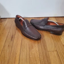 Santoni Solid Brown Moc Penny Loafers Leather 11.5 W/Marble Heel Accents Shoes