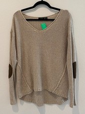 RDI Sand Beige Knit V-Neck Elbow Patch Sweater Oversized Tunic Long Sleeve XL