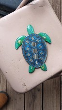 Hand Painted Blue Green Turtle Wall Sculpture Wood Glass Mosaic Sea Life Decor