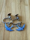 Vintage Sterling Silver Bluebird Happiness Screw Back Enamel Earrings