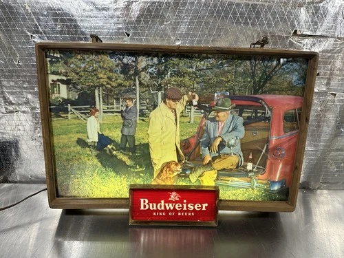 Vintage 1950s Budweiser Beer Lighted Sign Guys Hanging Out Trophy Dog