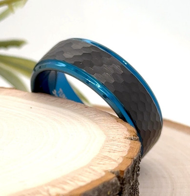 8mm Blue Tungsten Personalized Ring Black Hammered Design Christmas Band For Him