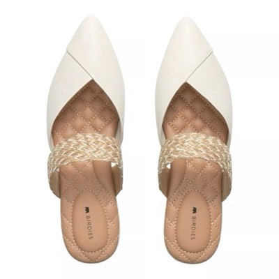 Birdies The Swan Pearl Cuff Size 10.5 White Leather Pointed Toe Mules Flats