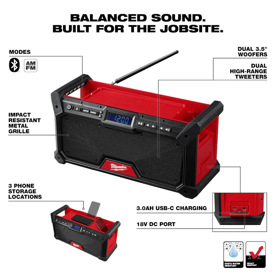 Radio para sitio de trabajo Milwaukee 2952-20 M18 18V Bluetooth - herramienta desnuda Foto 3 de 4