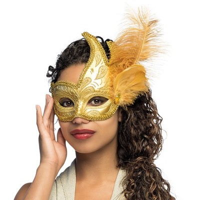 Augenmaske Venice Prezioso goldfarben venezianische Maske mit Feder für Karneval