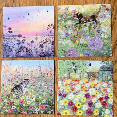 4 Lucy Grossmith. Blanko-Grußkarten Coast Sunset, Hund, Katze, Blumen