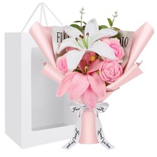 Crochet Flowers Crochet Flower Bouquet with Greeting Card Finished Handmade K...