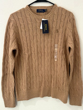 Polo Ralph Lauren Men's Cable Knit Cotton Crewneck Sweater Brown Pony S