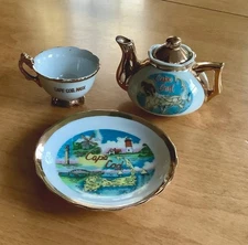 Vtg Cape Cod Souvenir Set Mini Tea Pot w Lid Cup & Plate w Gold Trims NEW Unused