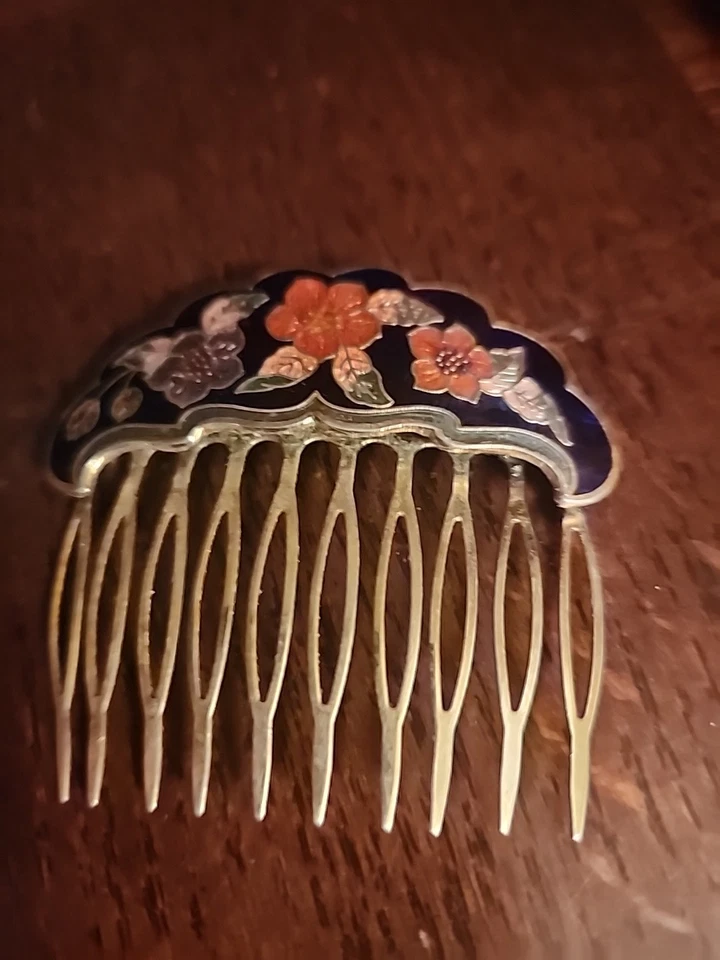 Vintage Cloisonné Hair Comb Floral Art Deco Enamel Gold Tone Hair Accessory - Image 3 of 4