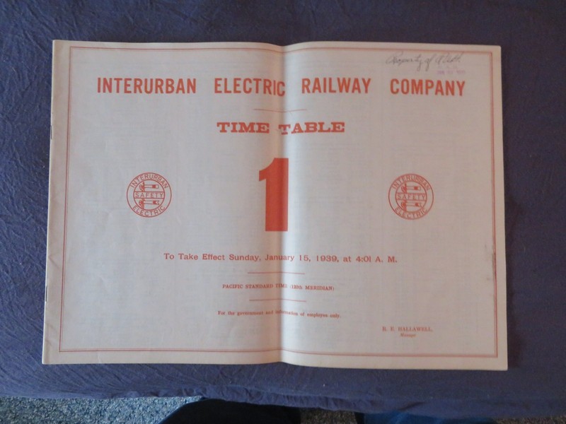 Interurban Electric Railway HB Employee Timetable #1.  1/15/39