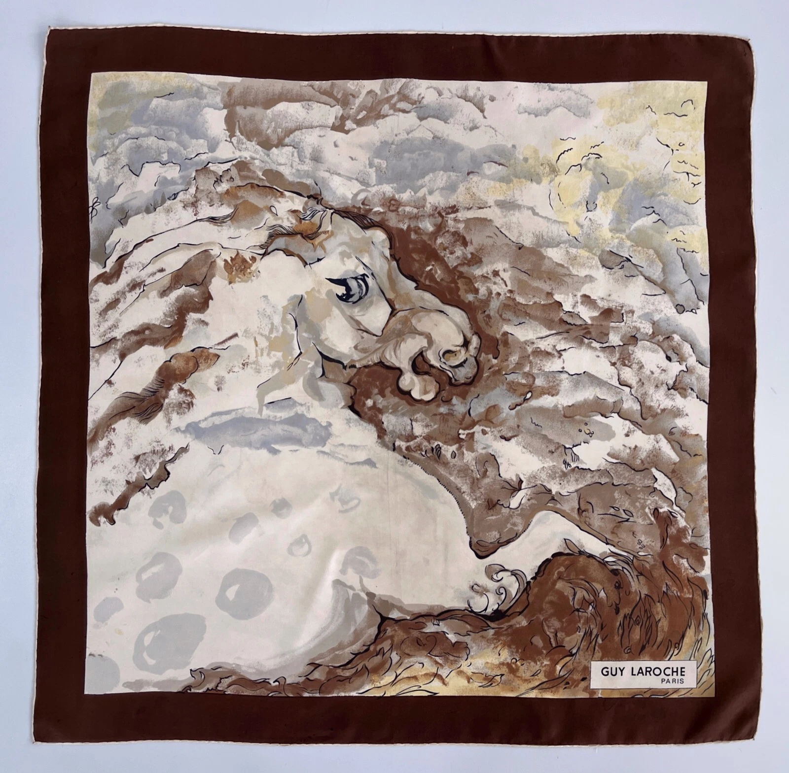 Stunning Vintage GUY LAROCHE PARIS Horse Art Design Silk Scarf Brown Size Large