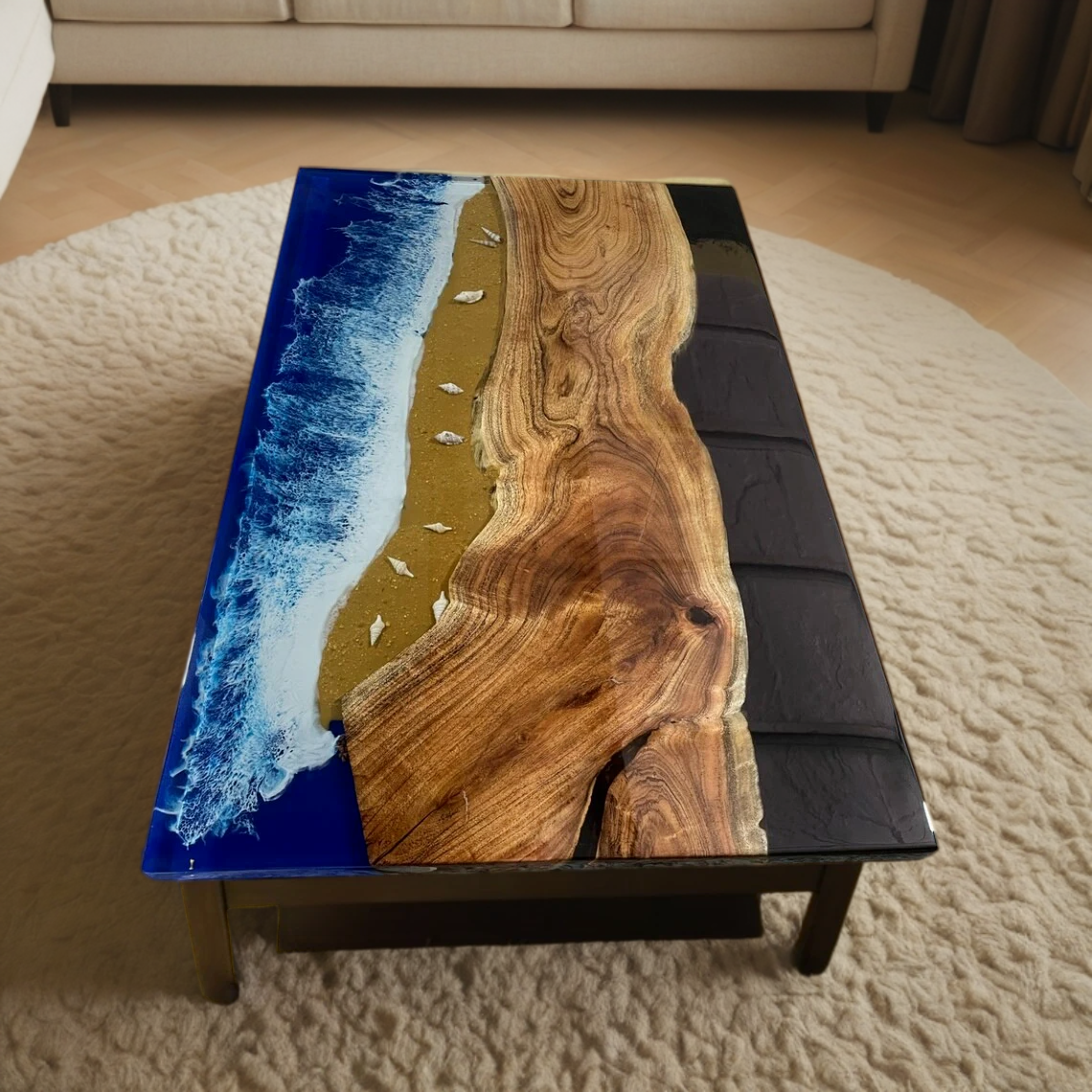 Luxury Live Edge Epoxy Wood Dining Table with Ocean Wave Design