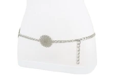 Women Narrow Waistband Belt Silver Metal Chain Hip Waist Flower Charm XL XXL