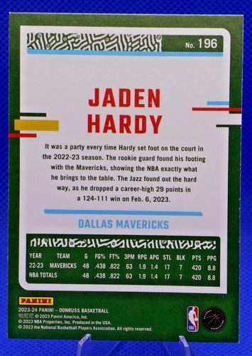 Jaden Hardy #196 2023-24 Panini Donruss Green Laser Holo Mavericks - Picture 2 of 2