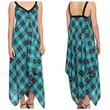 Michael Kors Blue Black Island Plaid Asymmetrical Midi Dress S/M Sleeveless BLK