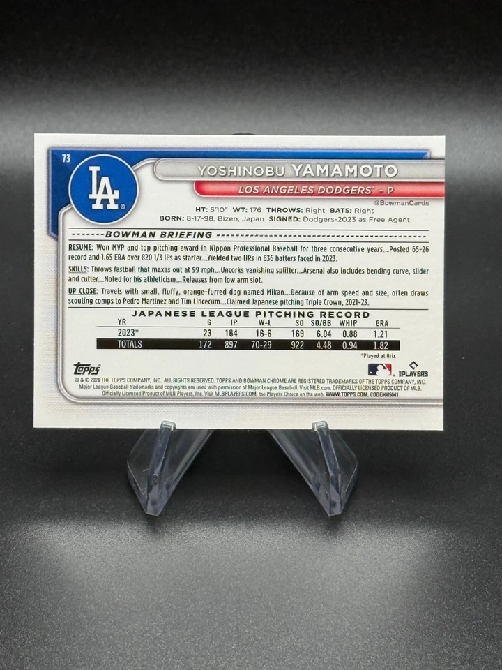 Yoshinobu Yamamoto 2024 Bowman Chrome #73 Los Angeles Dodgers Rookie Card (RC) - Image 2 of 4