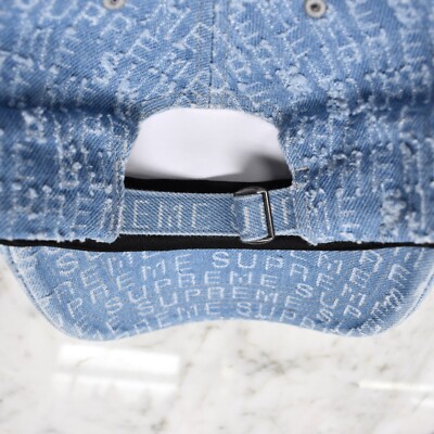 NWT Supreme Needle Punch Denim 6-Panel Script Logo Hat Cap Blue