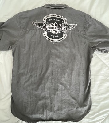 HARLEY DAVIDSON MENS LARGE GRAY SHORT SLEEVE BUTTON DOWN BACK LOGO SHIRT