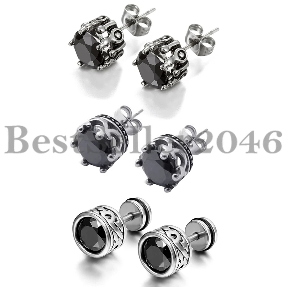 Juego de 3 pares de pendientes redondos de circonita cúbica de acero inoxidable vintage para hombre y mujer de 10 mm Foto 2 de 4