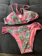 New Pink Floral Bikini Swimsuit Padded Bra Top Bottom Set sizes S M or L
