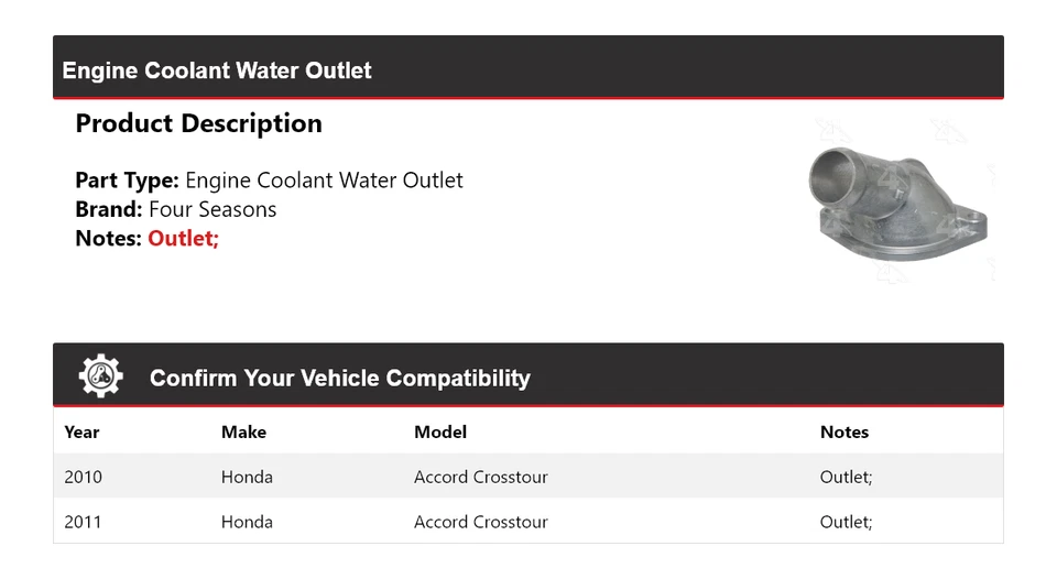 Salida de agua refrigerante motor Honda Accord Crosstour 2010-2011 4 estaciones Foto 2 de 4
