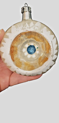 VTG Christmas Ornament White Flower Indent Yellow Blue Country Core