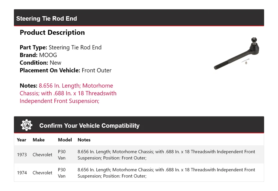 Para Chevrolet P30 1973-1974 Van Barra de dirección Extremo Delantero Exterior MOOG Foto 2 de 4