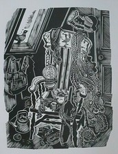 LOFT / ATTIC CHAIR JUMBLE STILL LIFE  By John O'Connor - Print of a Woodcut