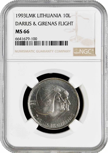 Lithuania 10 litu 1993, NGC MS66, "Darius & Girenas Flight across the Atlantic"