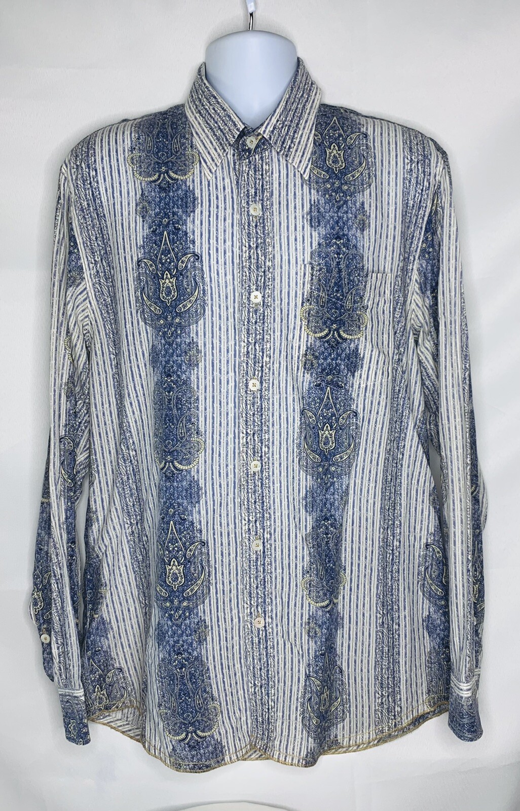 VTG Indigo Palms Tommy Bahama RARE Paisley Print Shirt Cotton Large Stitch Hem