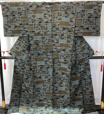 Japanese Vintage Kimono Silk Green Tumugi Traditional Authentic Length 63 in