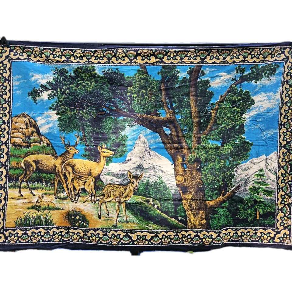 Vintage Velvet Deer Buck Doe Family Tapestry Wall Hanging woodlands camp rustic - Image 3 of 3
