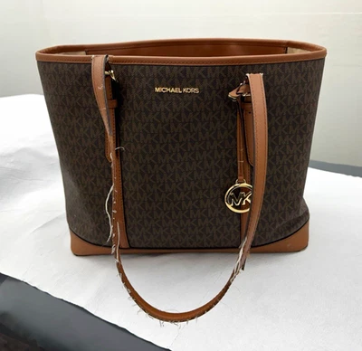 Michael Kors Jet Set Travel Large Brown Logo Zip Tote Bag Charm Leather