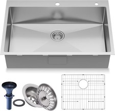 33" Topmount Kitchen Sink   16G 304 SS Workstation, Single Bowl, 9" Deep