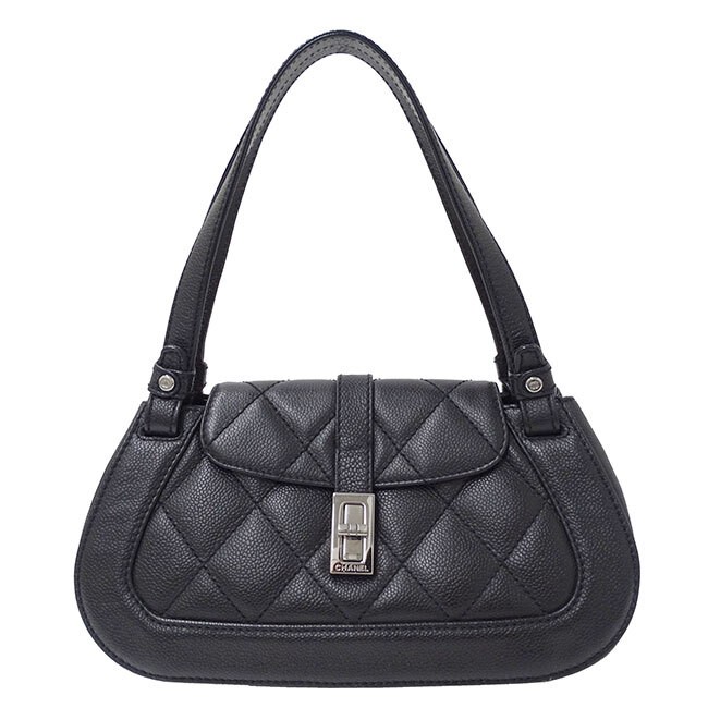 CHANEL 2.55 Matelassé Women's Caviar Leather Handbag Black Silver Hardware  