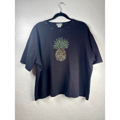 Las Olas Pineapple T-Shirt Women 3X Black Rhinestone Sequin Psych Fruit Retro