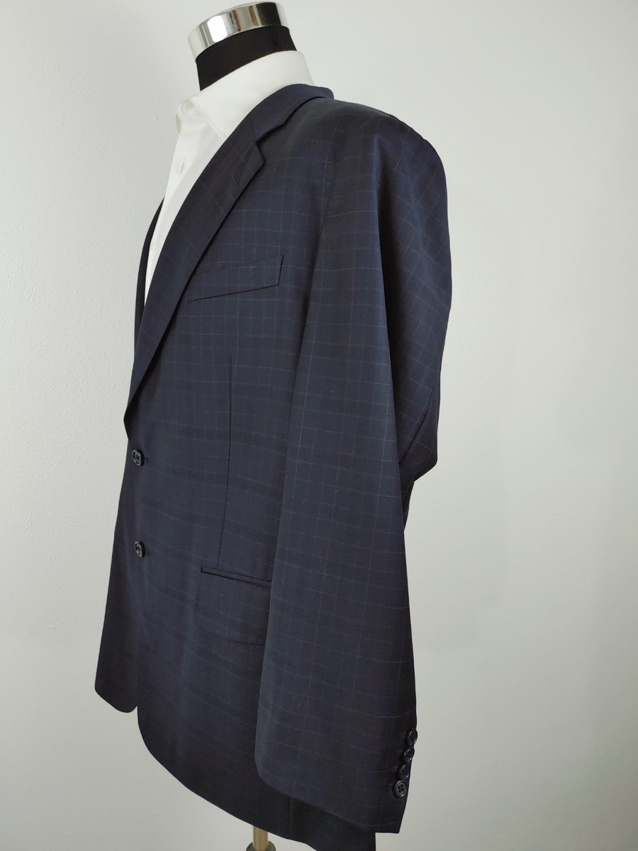 Daniel Leong Zegna Mens Custom Suit Jacket 46L Navy Blue Coat Blazer Check Plaid View 4