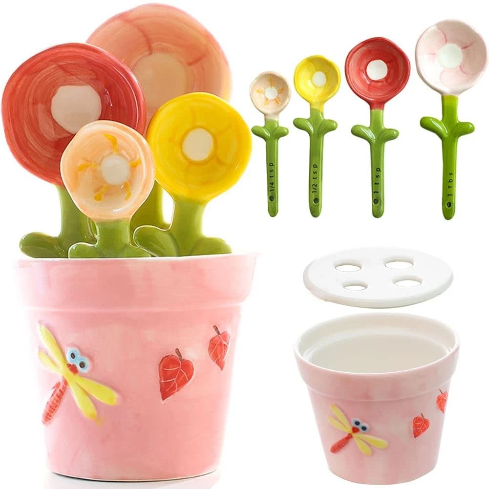 Flower Measuring Spoons Set in Pot Unique Baking Gifts Ceramic Cute Measuring...
