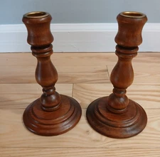 1960s Vintage 6.5 Inch Wooden Candlesticks with Brass Inserts. Set of 2