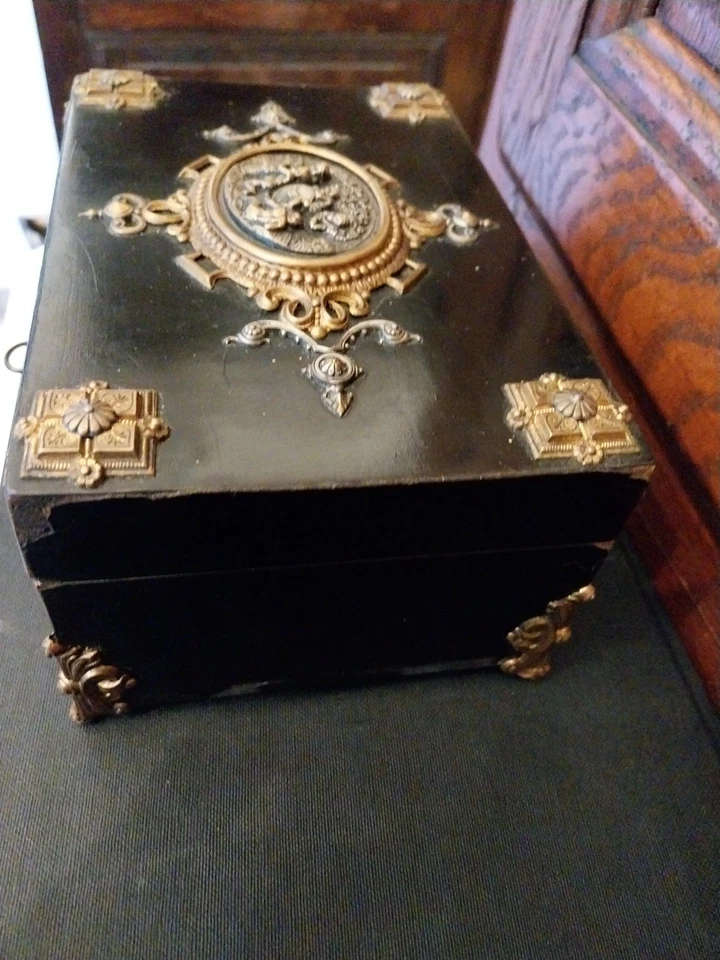 Ancien Coffre Boite Napoleon III 19ème Bronze Bois Noirci 19ème - Photo 4/4