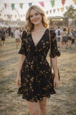 PrettyLittleThing Black Floral Corset Wrap Mini Dress Ruffle Hem Size S Y2K