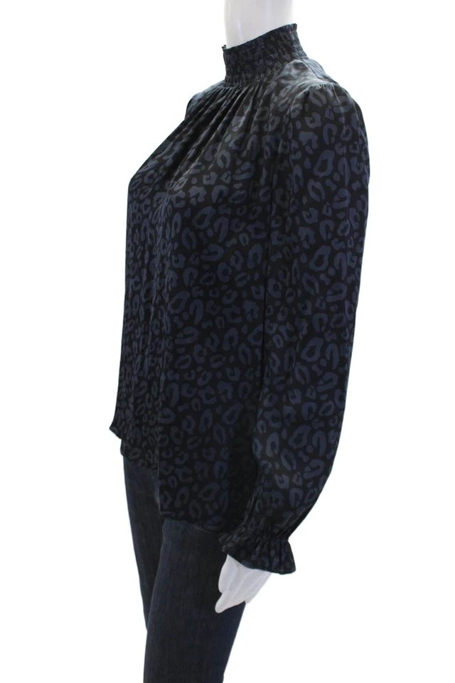 Blusa Top Tucker Mujer Seda Estampado Animal Cuello Alto Manga Larga Negra Talla S Foto 2 de 4