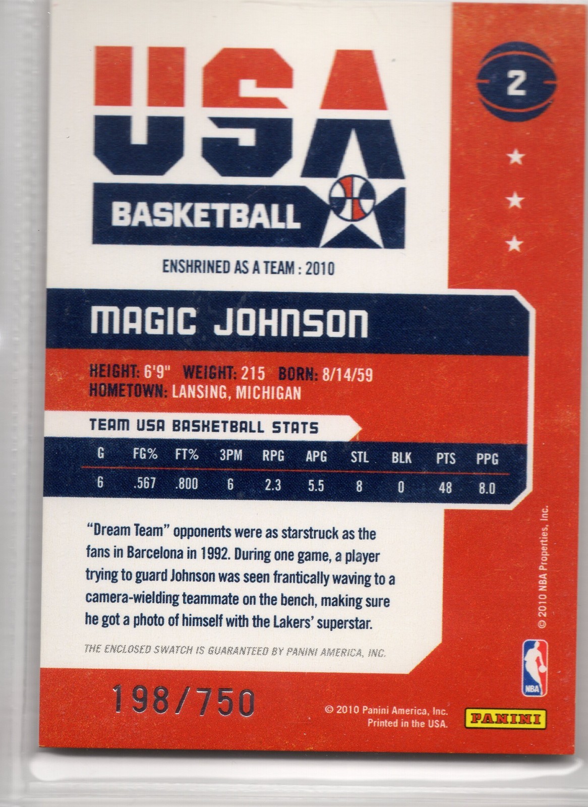 2009-10 Panini Hall of Fame Dream Team Game Threads 2 Magic Johnson USA 198/750 view 2