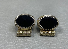 Vintage Onyx Crimped Border Yellow Gold Plated Wrap Around Cuff Links