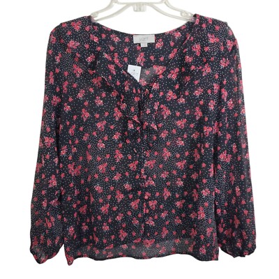 NWT LOFT Blouse Sheer Ruffle Floral Dot Black Fairy Grunge Whimsigoth Size XS