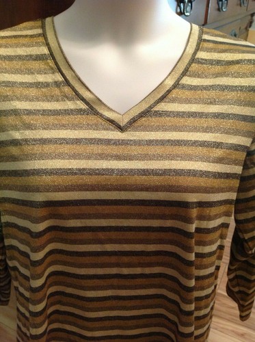 Avenue Stretch gold & braun gestreift V-Ausschnitt Top Urlaub/Party LS 14/16 EUC - Bild 3 von 5